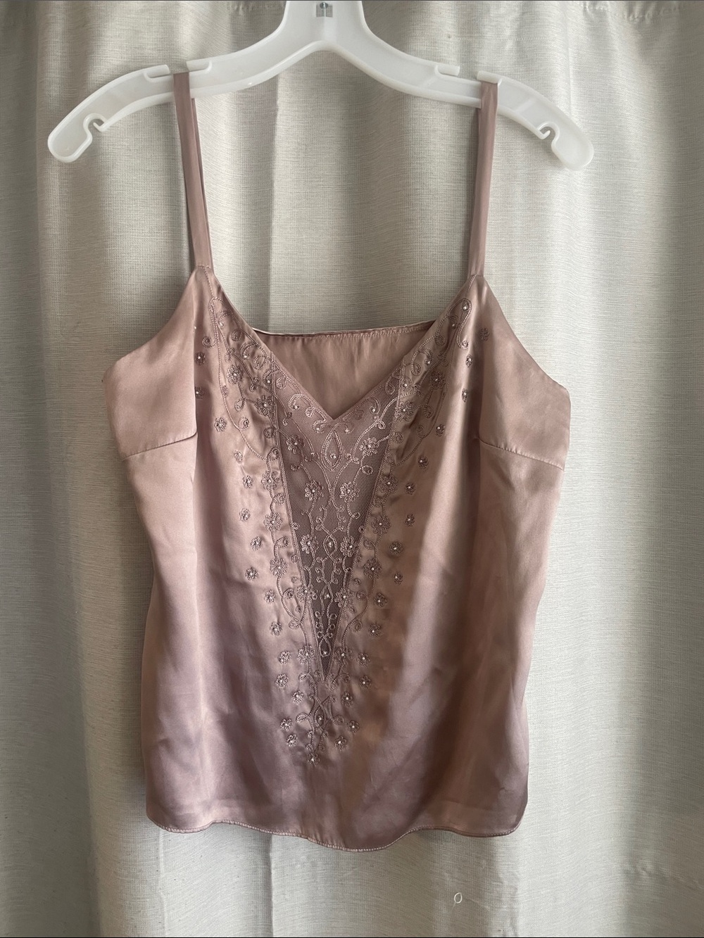 100% Silk Embroidered Spaghetti Strap Top - Dusty Rose